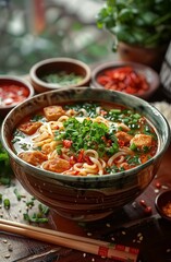 Appetizing soup with noodles, meat, red peppers and green onions in a bowl on the table. Photo for menu. High resolution