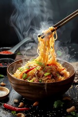 Appetizing pasta with peppers on Chinese sticks. Photo for menu. High resolution