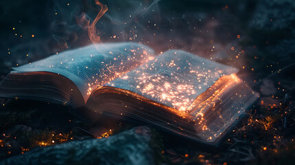 An open book with scenes of represents creativity, mysterious, surrealism, and movie lighting effects