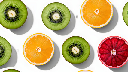 set of fruits kiwi and orange healthy food white background Generative AI