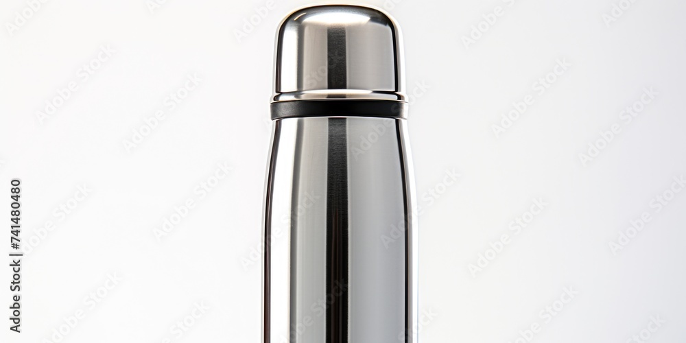 Poster a simple image of a silver and black water bottle on a table. perfect for hydration or lifestyle con