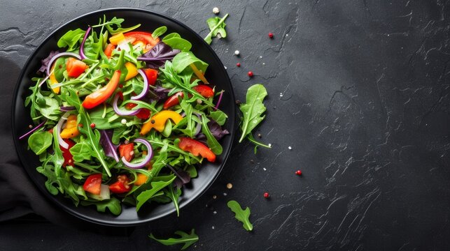 Healthy food salad presented on a sleek black tabletop, providing copy space for text