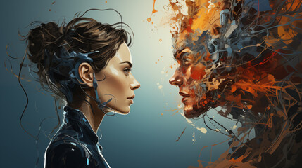 Artistic depiction of a woman and her robotic counterpart, illustrating a dynamic merger of human...