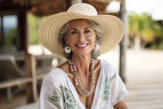 Portrait of beautiful mature woman wearing straw hat and sunglasses on the beach