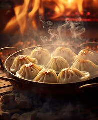 Georgian cuisine. Khinkali on the background of fire . High resolution