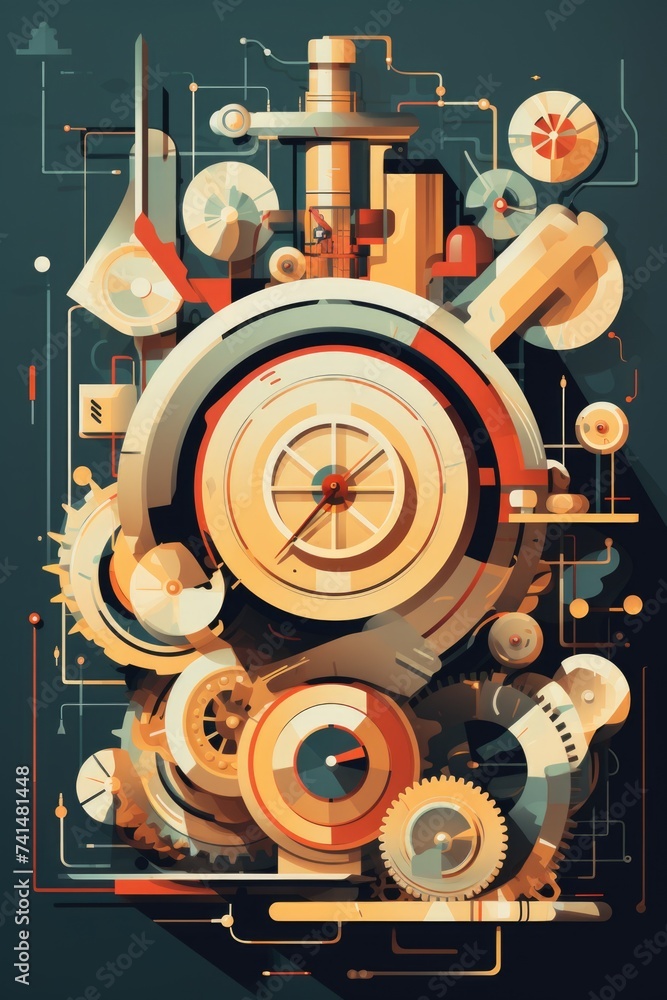 Poster Clock surrounded by various objects on a blue background, perfect for time management concepts
