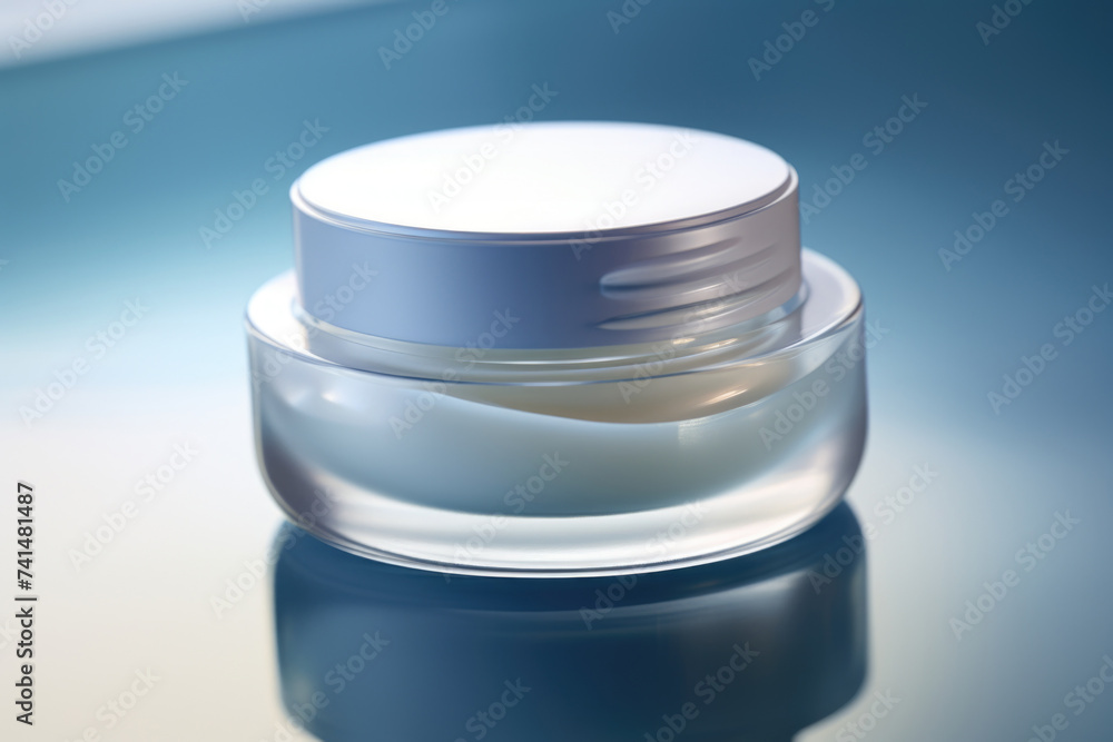 Poster Glass jar with white lid on table, suitable for various concepts and designs