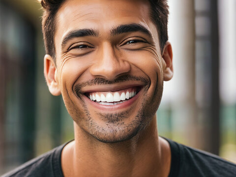 a closeup photo portrait of a handsome man smiling with clean teeth