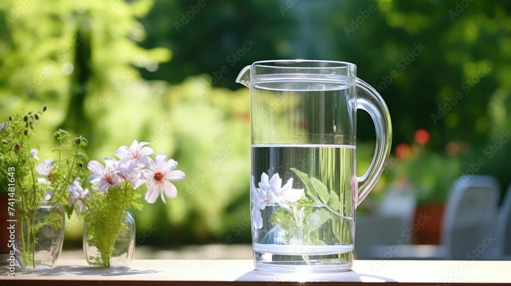 Poster a pitcher of water on a rustic wooden table, suitable for various concepts