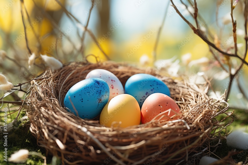 Poster nest filled with eggs on grass. suitable for nature and wildlife themes