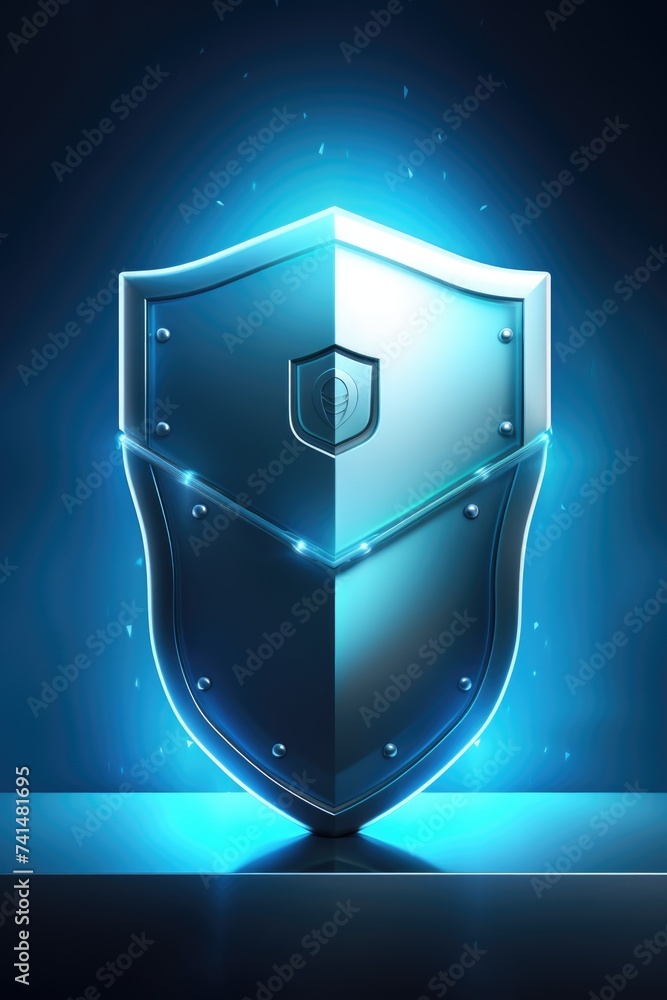 Poster a shiny shield on a blue background. great for security or protection concepts