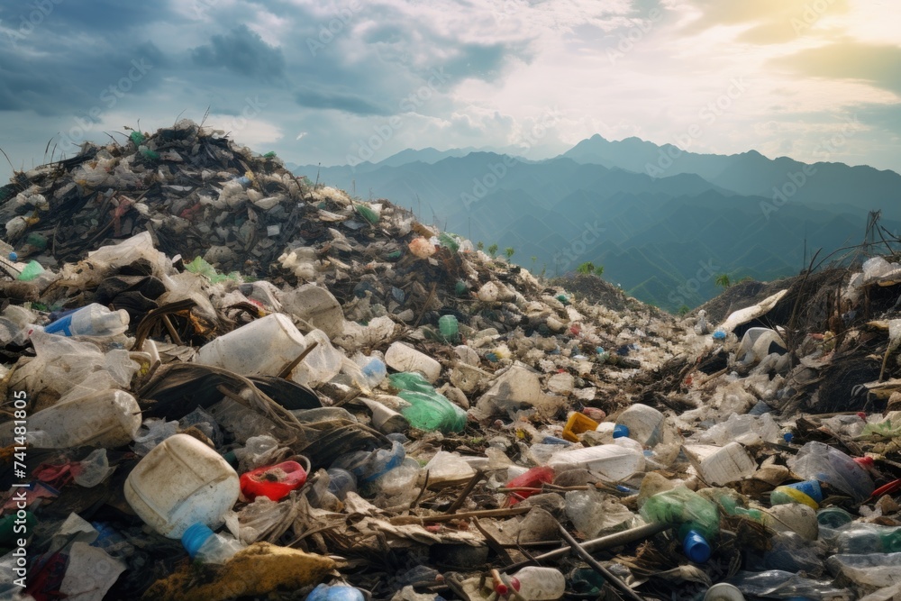 Poster A pile of garbage with mountains in the background. Suitable for environmental concepts