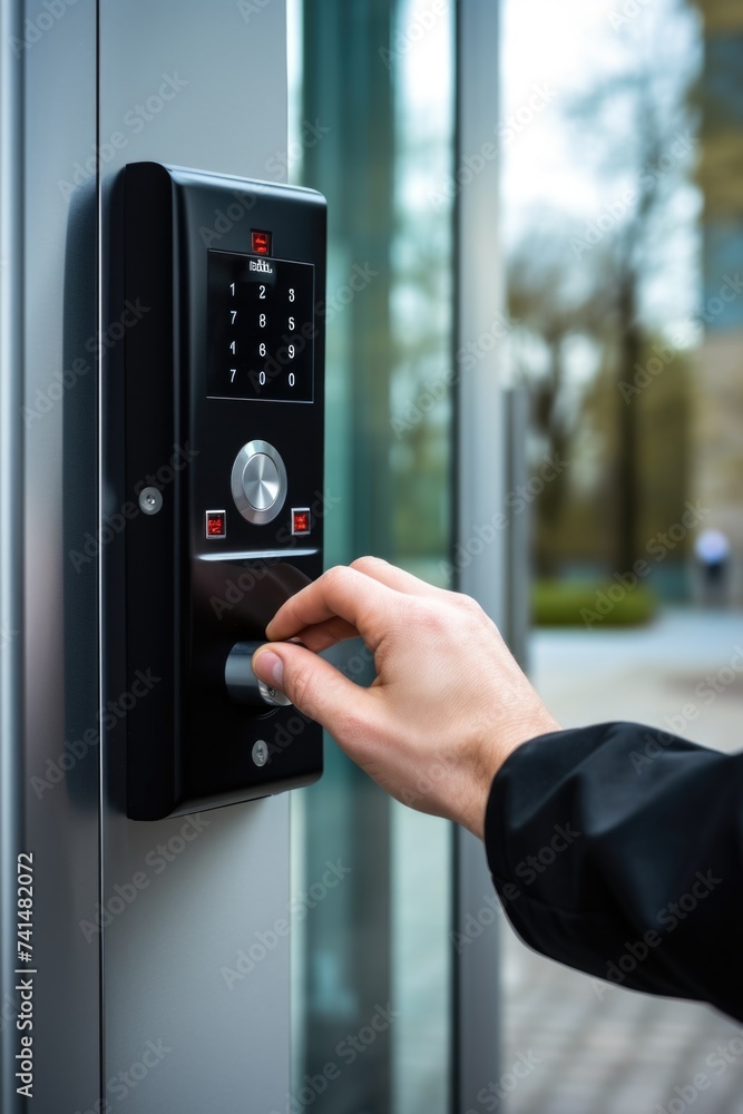 Poster A person is pressing a button on a door. Suitable for technology or security concepts