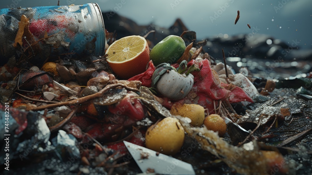 Poster Messy garbage pile with various items, suitable for environmental themes