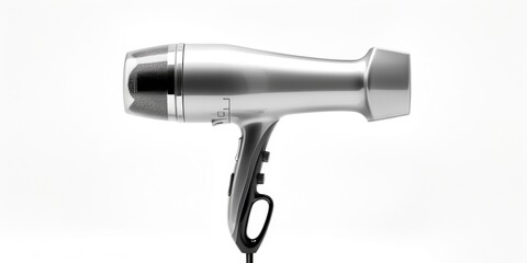 A silver hair dryer placed on a table. Perfect for beauty or hair care concepts