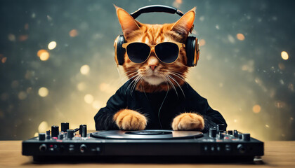 ginger dj cat with sunglasses and headphones playing music