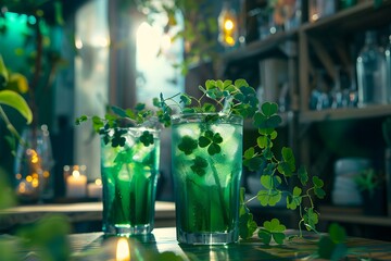 St Paddys Day celebrations with green drinks clovers and festive decorations. Concept St Paddy's Day, Green Drinks, Clover Decor, Festive Celebrations, Irish Traditions