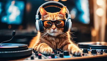 ginger dj cat with sunglasses and headphones playing music