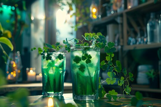 St Paddys Day celebrations with green drinks clovers and festive decorations. Concept St Paddy's Day, Green Drinks, Clover Decor, Festive Celebrations, Irish Traditions