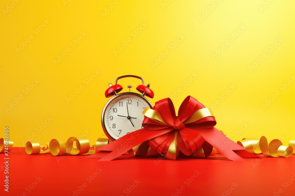 Aufkleber A simple alarm clock resting on a bright red table. Suitable for time management concepts