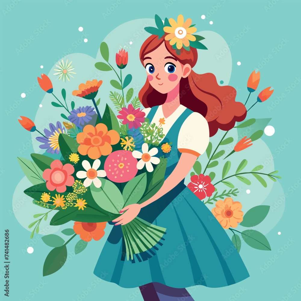 Canvas Prints Women's day A girl in a dress holds a huge bouquet of flowers in her hands