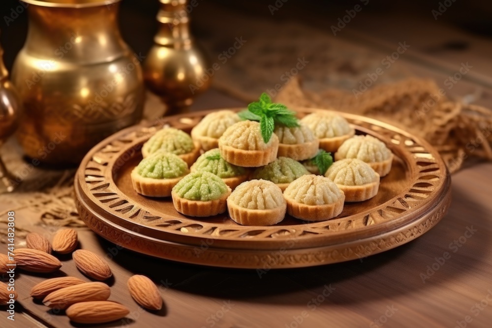 Poster plate of cookies and almonds on a table. perfect for food blogs or recipe websites