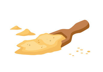 Wheat Flour in wooden scoop. Wooden spatula with flour and grains. Piles of flour. Vector illustration isolated on white background.