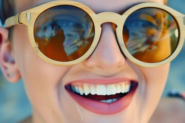 bamboo sunglasses on smiling persons face