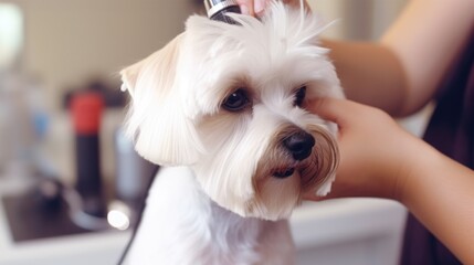A woman grooming a small white dog. Suitable for pet grooming services advertising