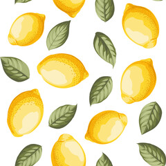 Lemon seamless pattern . Fruit, leaf and flowers. - 741482879