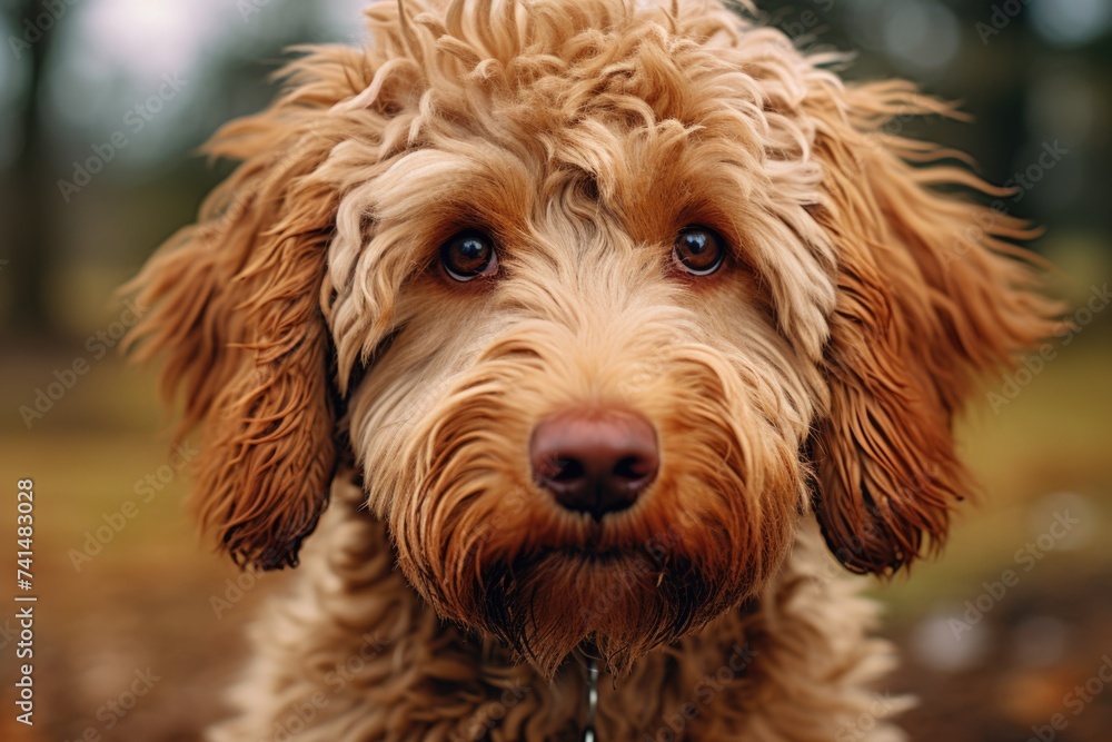 Poster close up of a dog's face with trees in the background. suitable for pet lovers and nature enthusiast
