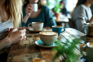 Fototapeta na wymiar Women having coffee break at wooden table in cafe, closeup