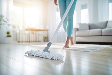 A woman cleaning the floor with a mop, ideal for household cleaning concept - obrazy, fototapety, plakaty