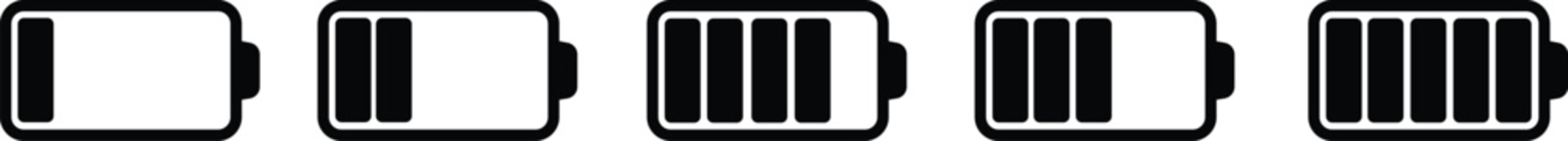 Obraz premium Battery icon set. battery charging sign and symbol. battery charge level black line or flat vector collection isolated on transparent background. Concept power, energy, low , full, empty, load.