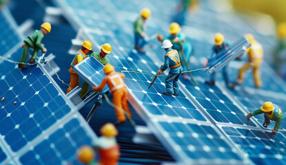 Solar panels installation on the house roof construction moment with workers, electrical equipment tools. Toy figures tilt shift effect. Renewable energy, utilities expenses, technology concept photo.