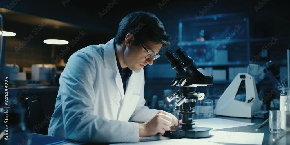Poster A man in a lab coat looking through a microscope. Suitable for science and research concepts