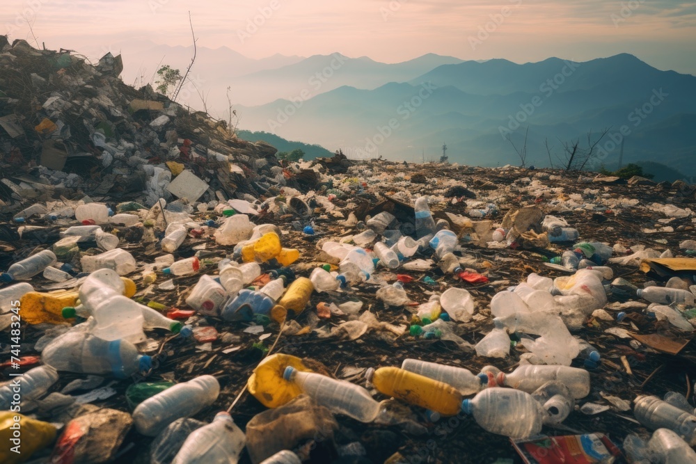 Poster a pile of plastic bottles on a mountain top. ideal for environmental concepts