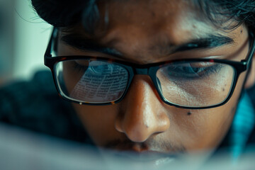 intimate shot capturing the concentration on the face of an Indian student as they solve a complex problem on a piece of paper, shot from hiding camera, minimalistic style,