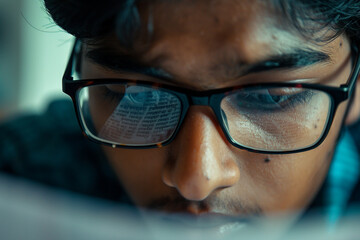 Fototapeta premium intimate shot capturing the concentration on the face of an Indian student as they solve a complex problem on a piece of paper, shot from hiding camera, minimalistic style,