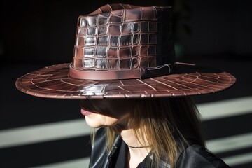 crocodile leather hat worn by a woman in sunlight