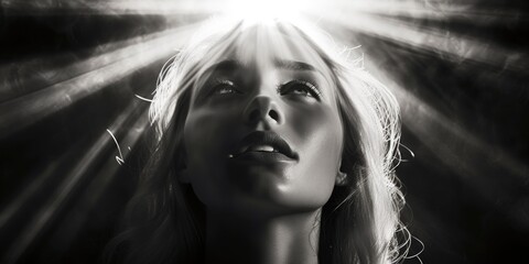 Black and white photo of a woman looking up. Suitable for various design projects