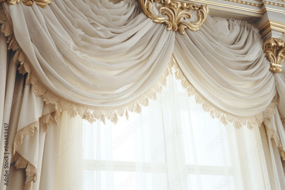 Poster a window featuring a curtain with a gold trim. suitable for interior design concepts