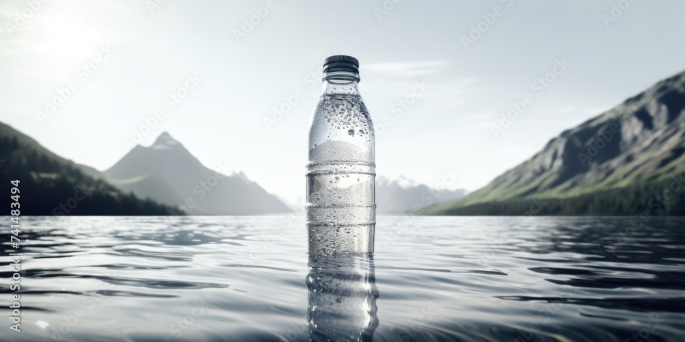 Poster clear plastic bottle floating on calm water. suitable for hydration concepts
