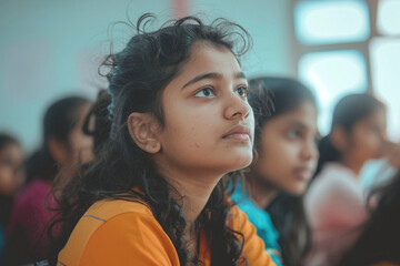 close-up photo of an Indian student's face as they listen attentively to their teacher's instructions during a classroom activity, shot from hiding camera, minimalistic style, - obrazy, fototapety, plakaty