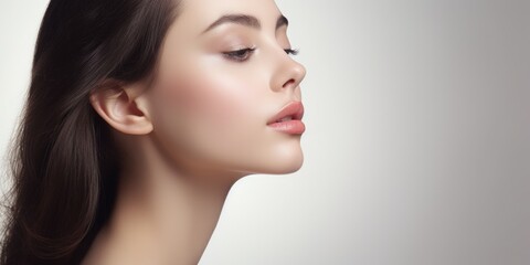 Fototapeta premium A woman with long brown hair and eyes closed. Suitable for beauty and relaxation concepts