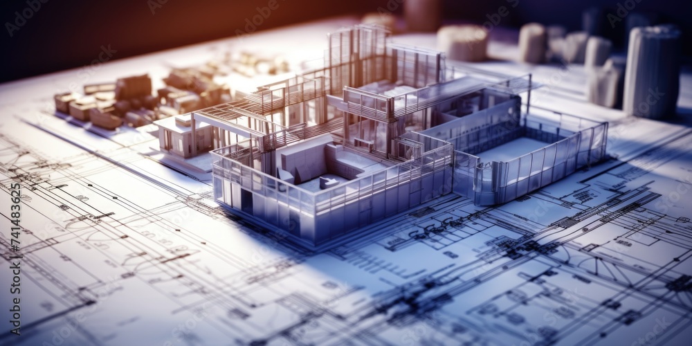 Aufkleber detailed building model on top of a blueprint, suitable for architectural design projects