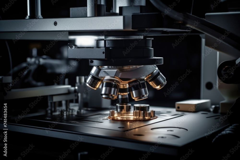 Aufkleber close up of a microscope on a table, suitable for scientific and educational projects