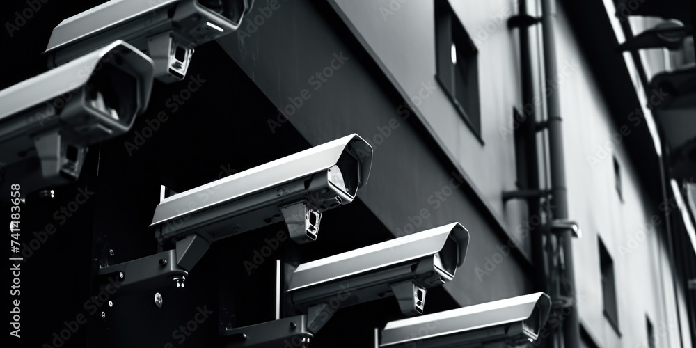 Poster A black and white photo of three security cameras. Suitable for security concepts