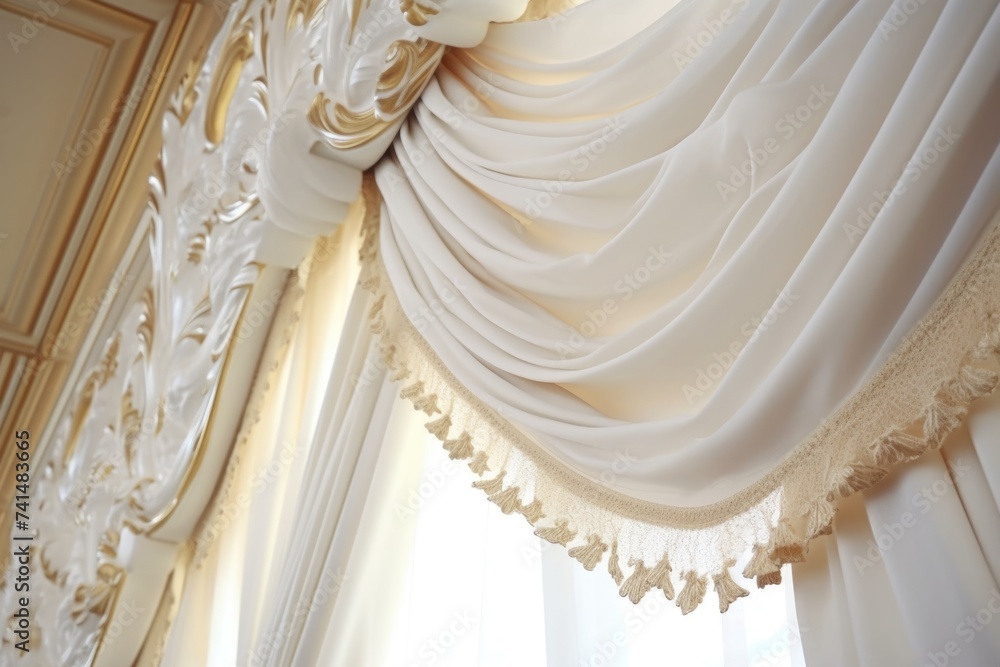 Poster a simple white curtain hanging from a window. suitable for home decor concepts