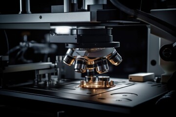 Close up of a microscope on a table, suitable for scientific and educational projects